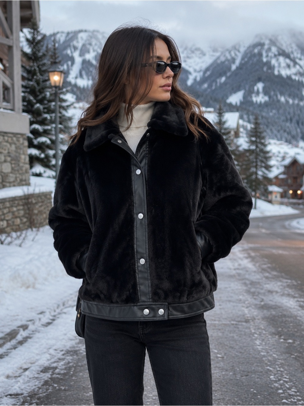 Philosophy Black Faux Fur Teddy Jacket with Leather Trim Details